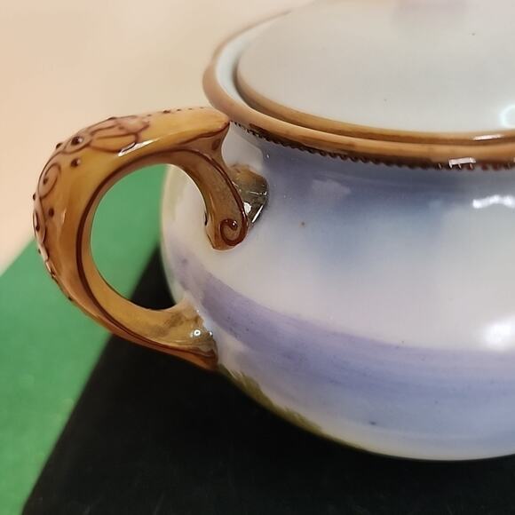 VTG Morimura Noritake Moriage Sugar Bowl Windmill Trees Water Blue White Lid - Picture 8 of 12